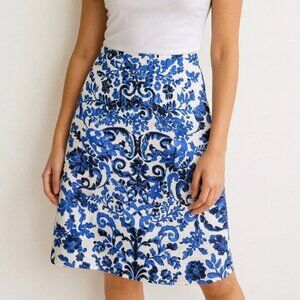 Mario Serrani Floral Midi Skirt size 4 White Blue A-Line Cotton Boho Cottage